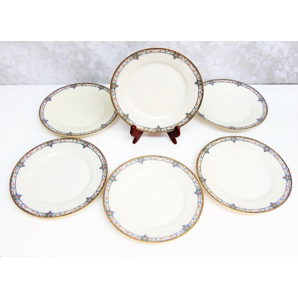 Limoges France Lunch Plates Set 6 Troy 8.75" Dinnerware White Blue Pink Rose Vtg